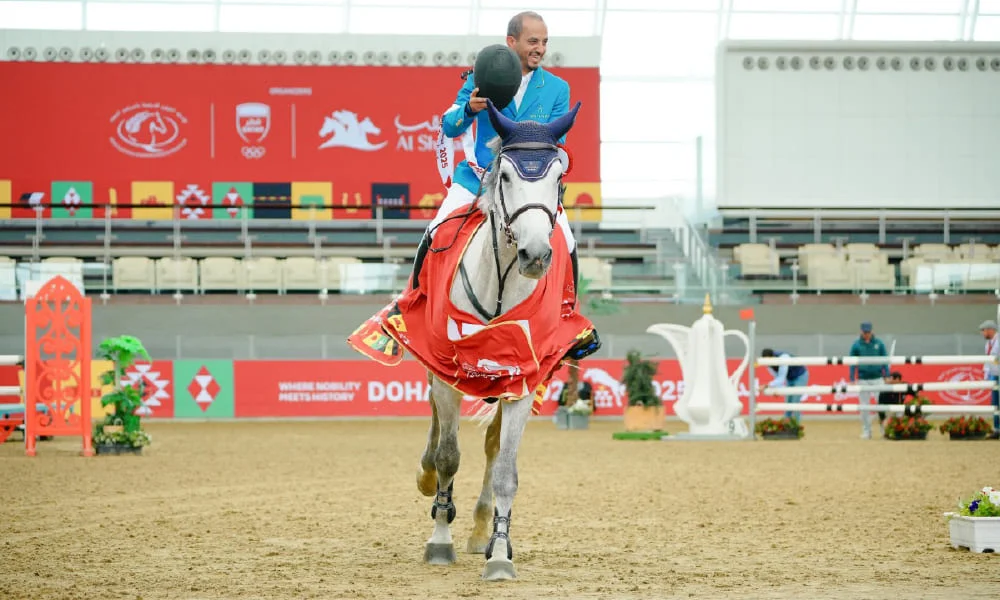 Qatar’s Faleh Suwead Al Ajami celebrates his CSI1* Grand Prix win.